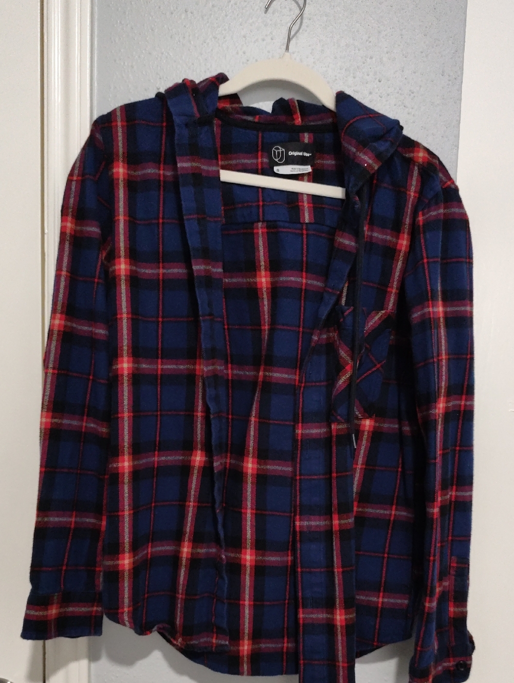 Original Use Navy and Red Plaid Hooded Button-Up Shirt